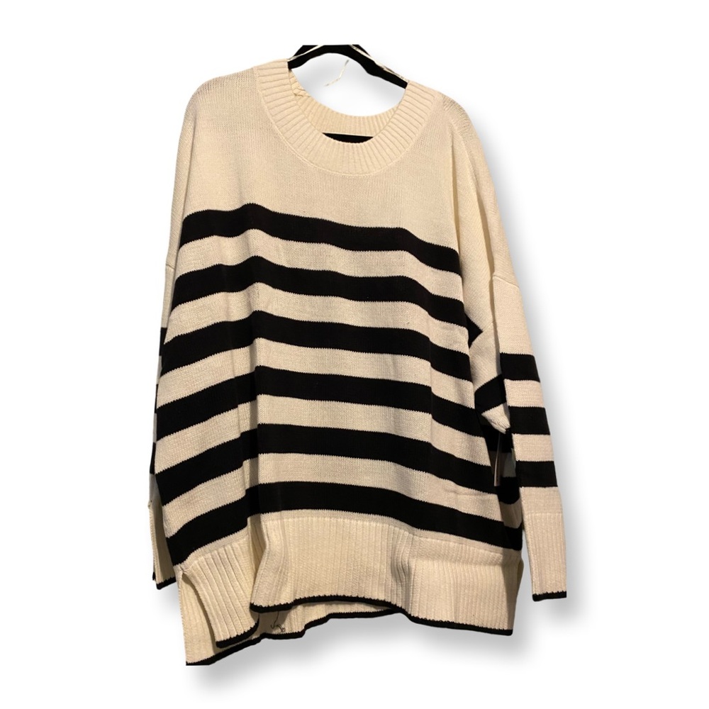 NWT-Sonoma -Plus Size Striped Black and Cream Women's Sweater - Picture 4 of 5